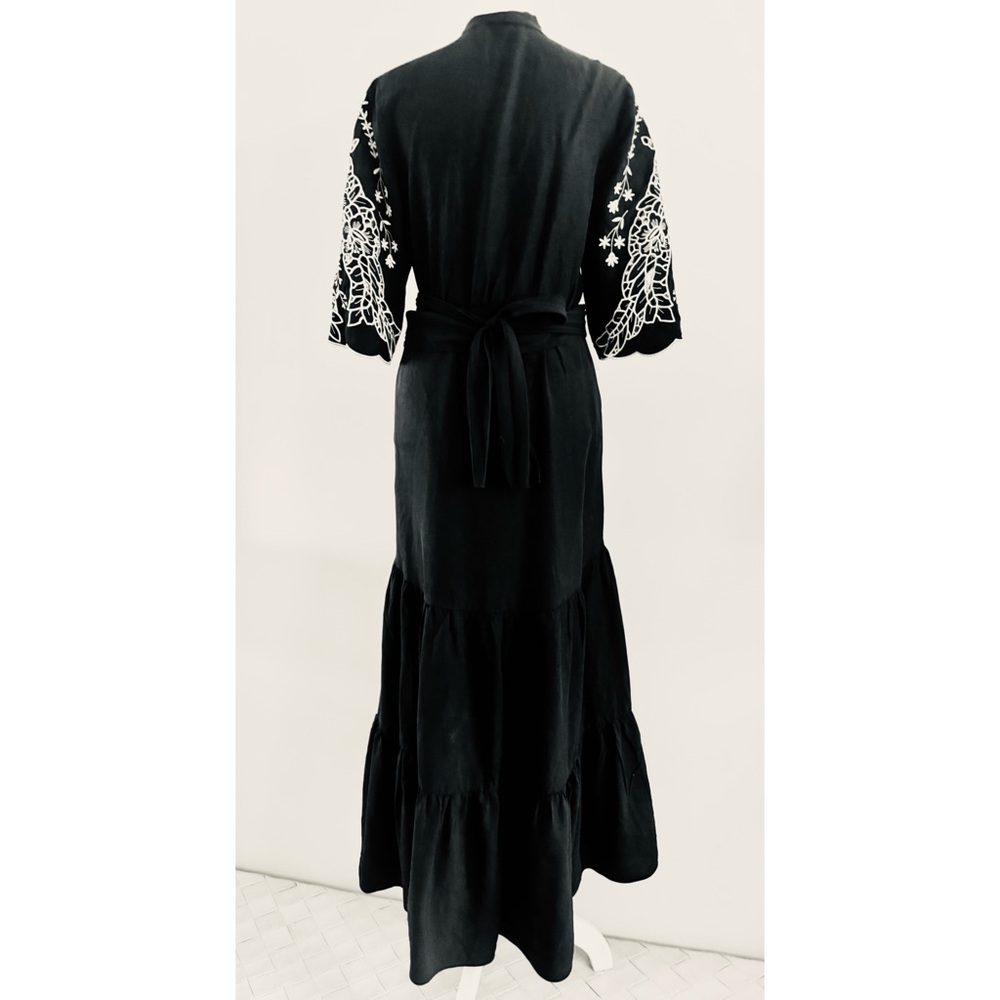 Kobi Halperin Black Maxi Dress with White Floral Embroidery, Ruffles-Small - Picture 6 of 11